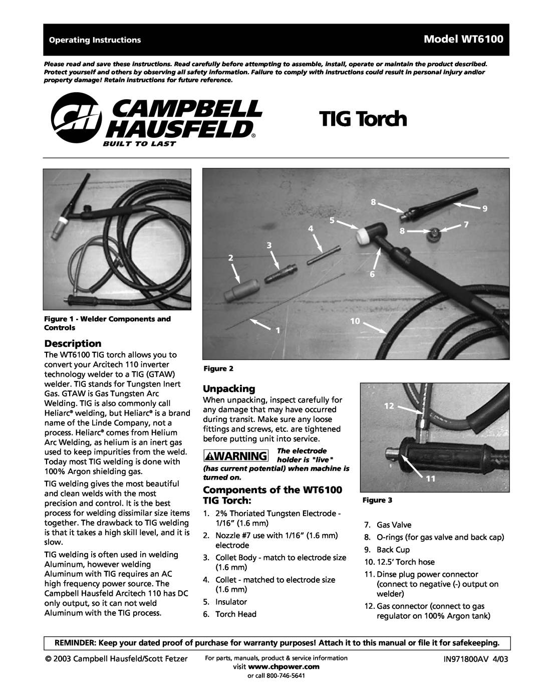 Campbell Hausfeld operating instructions TIG Torch, Model WT6100, Description, Unpacking, Operating Instructions 
