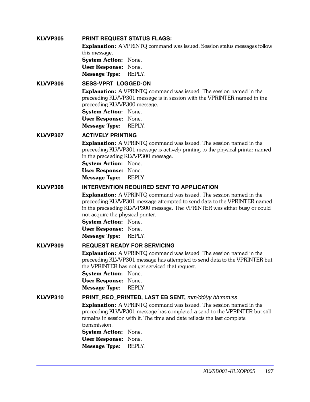 Candle GC32-9172-00 KLVVP305 Print Request Status Flags, KLVVP306 SESS-VPRTLOGGED-ON, KLVVP307 Actively Printing, KLVVP310 