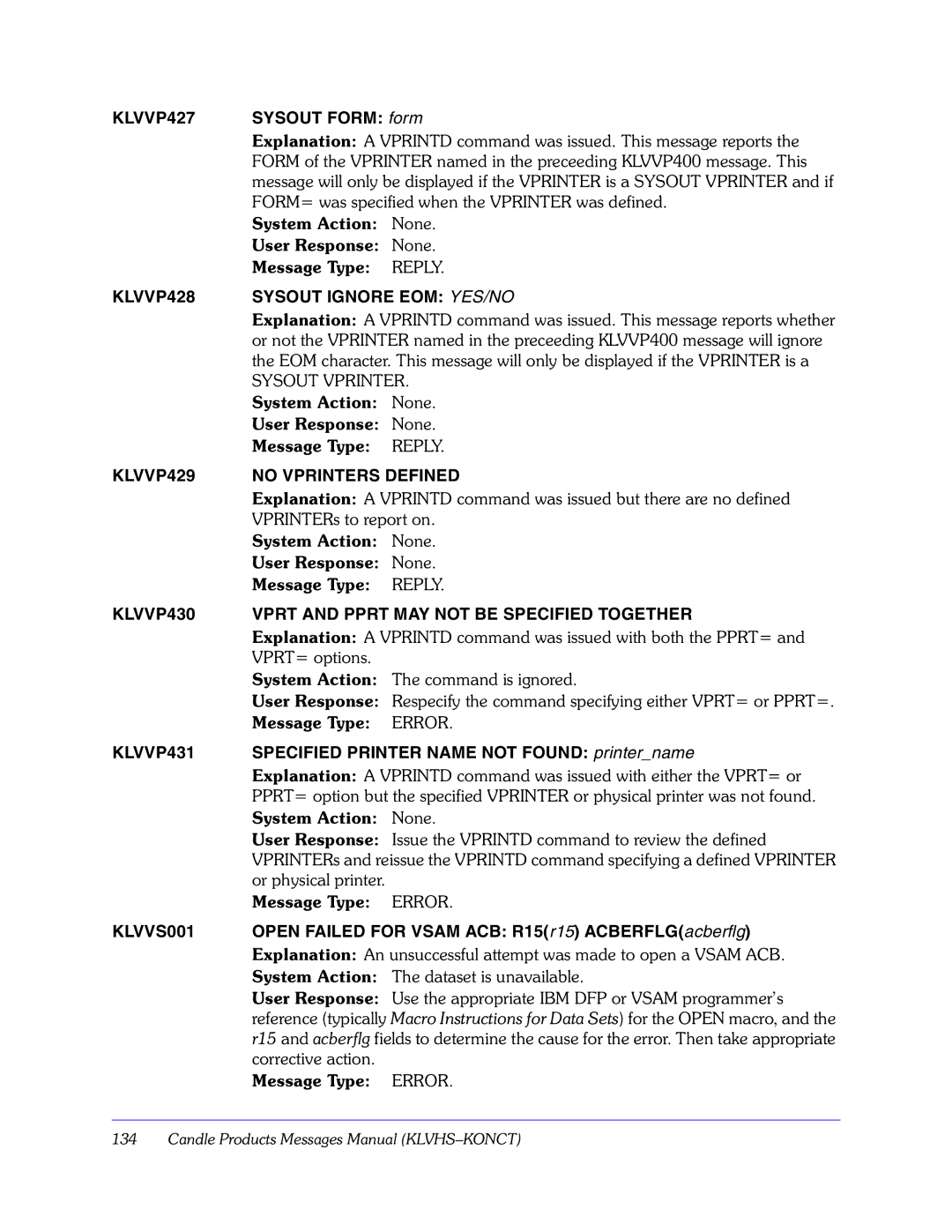 Candle GC32-9172-00 manual KLVVP427, KLVVP428 Sysout Ignore EOM YES/NO, KLVVP429 No Vprinters Defined, KLVVP431, KLVVS001 