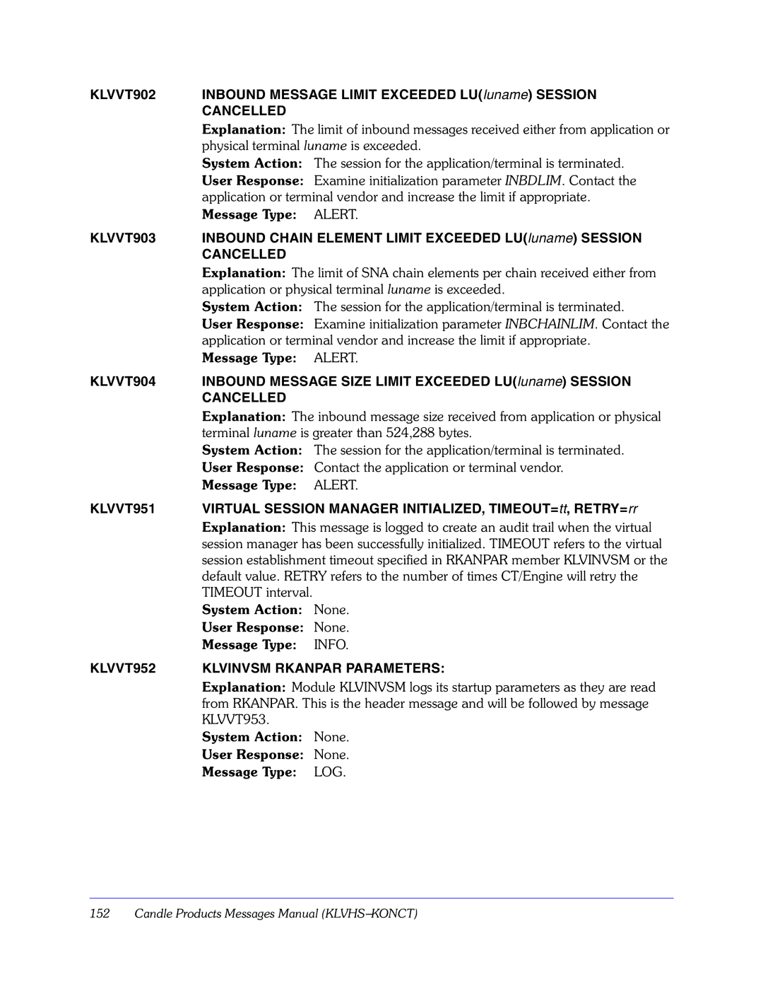 Candle GC32-9172-00 manual KLVVT902, Cancelled, KLVVT903, KLVVT904, KLVVT951, KLVVT952 Klvinvsm Rkanpar Parameters 