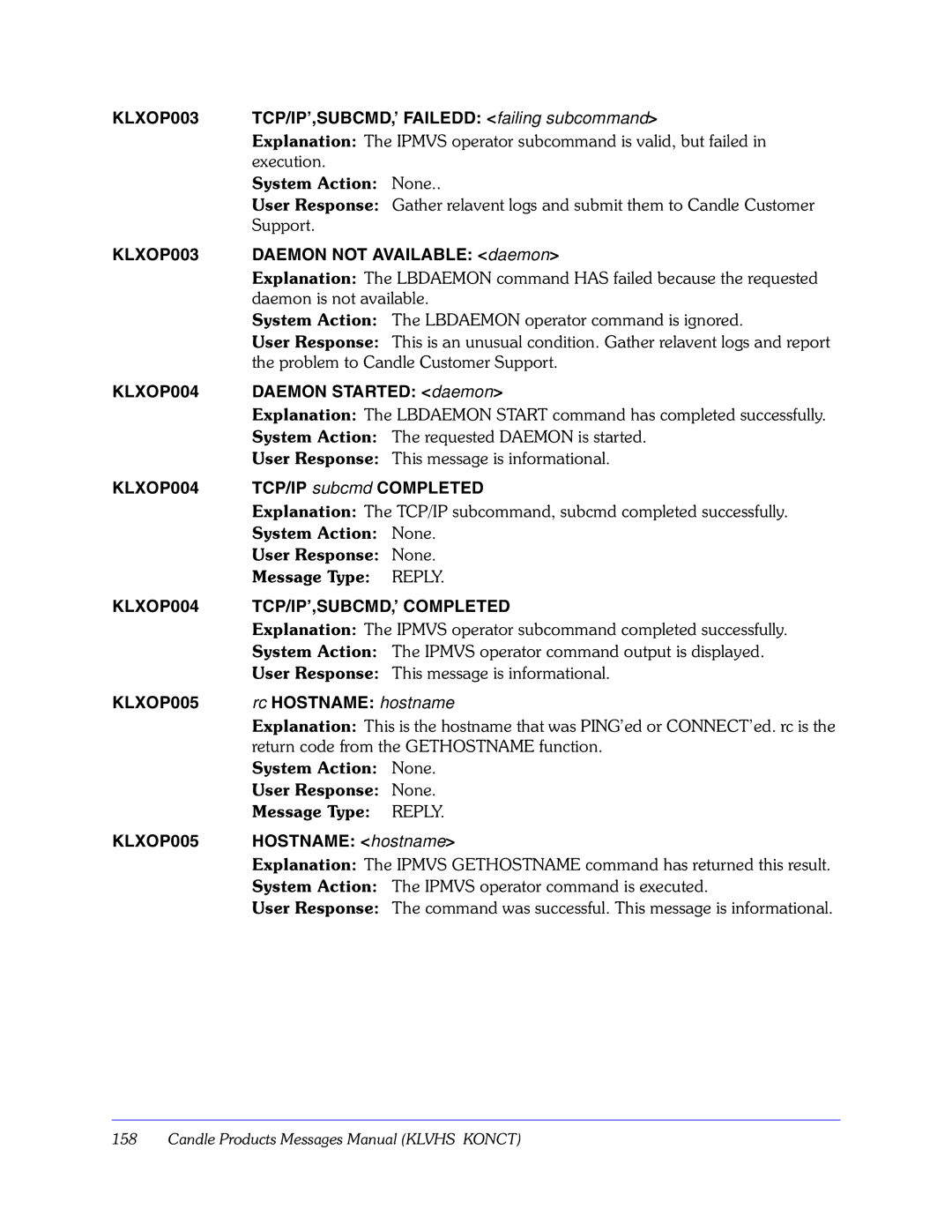 Candle GC32-9172-00 manual KLXOP004 TCP/IP’,SUBCMD,’ Completed, KLXOP005, Rc Hostname hostname 