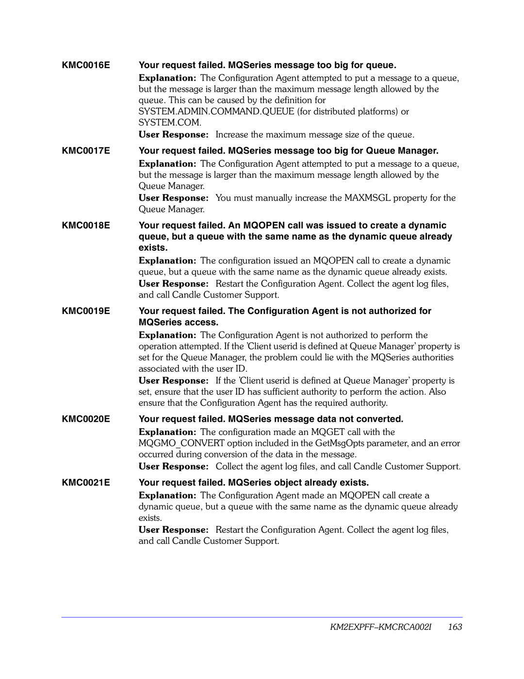 Candle GC32-9172-00 manual KMC0021E Your request failed. MQSeries object already exists 