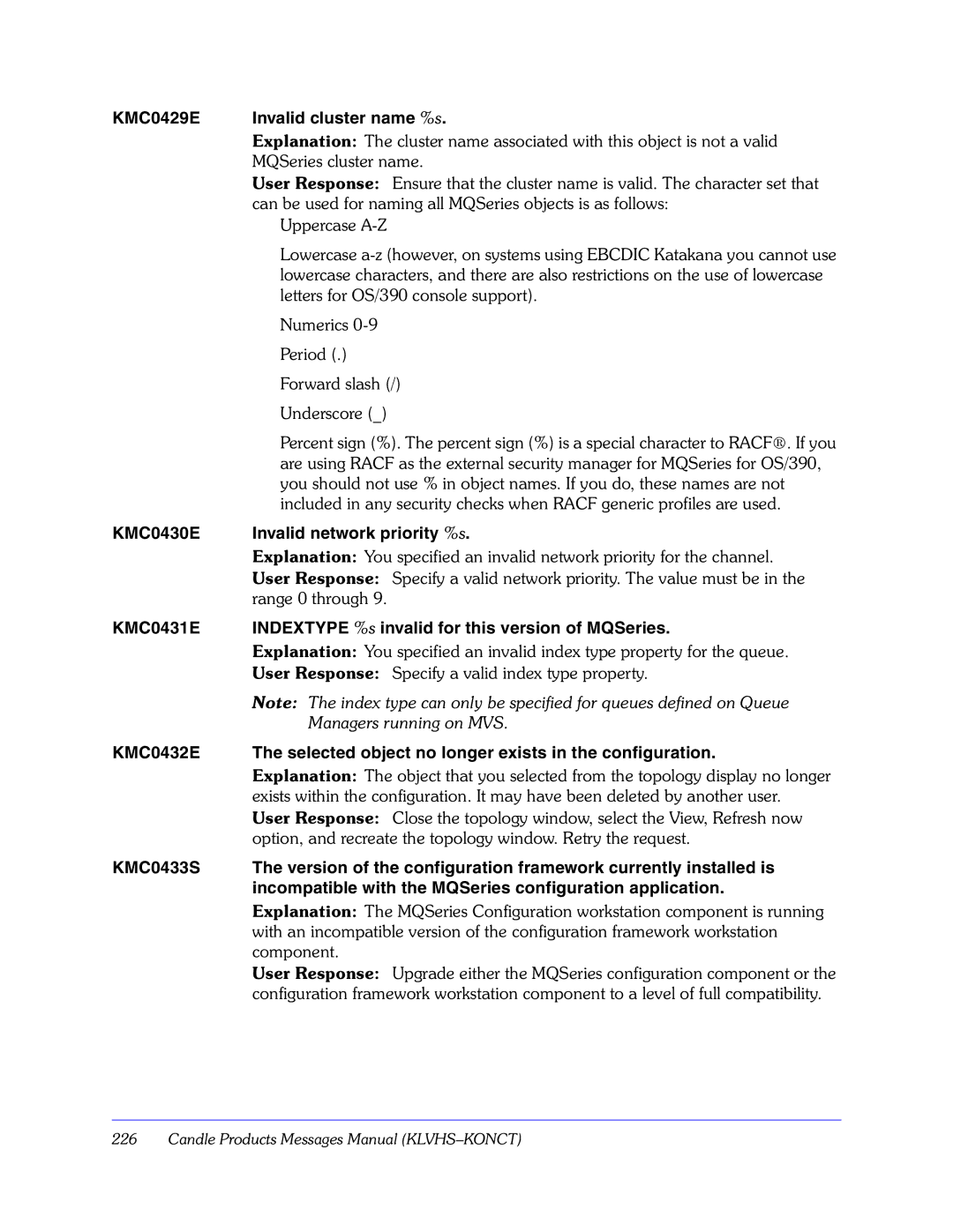 Candle GC32-9172-00 manual KMC0430E Invalid network priority %s, KMC0431E Indextype %s invalid for this version of MQSeries 