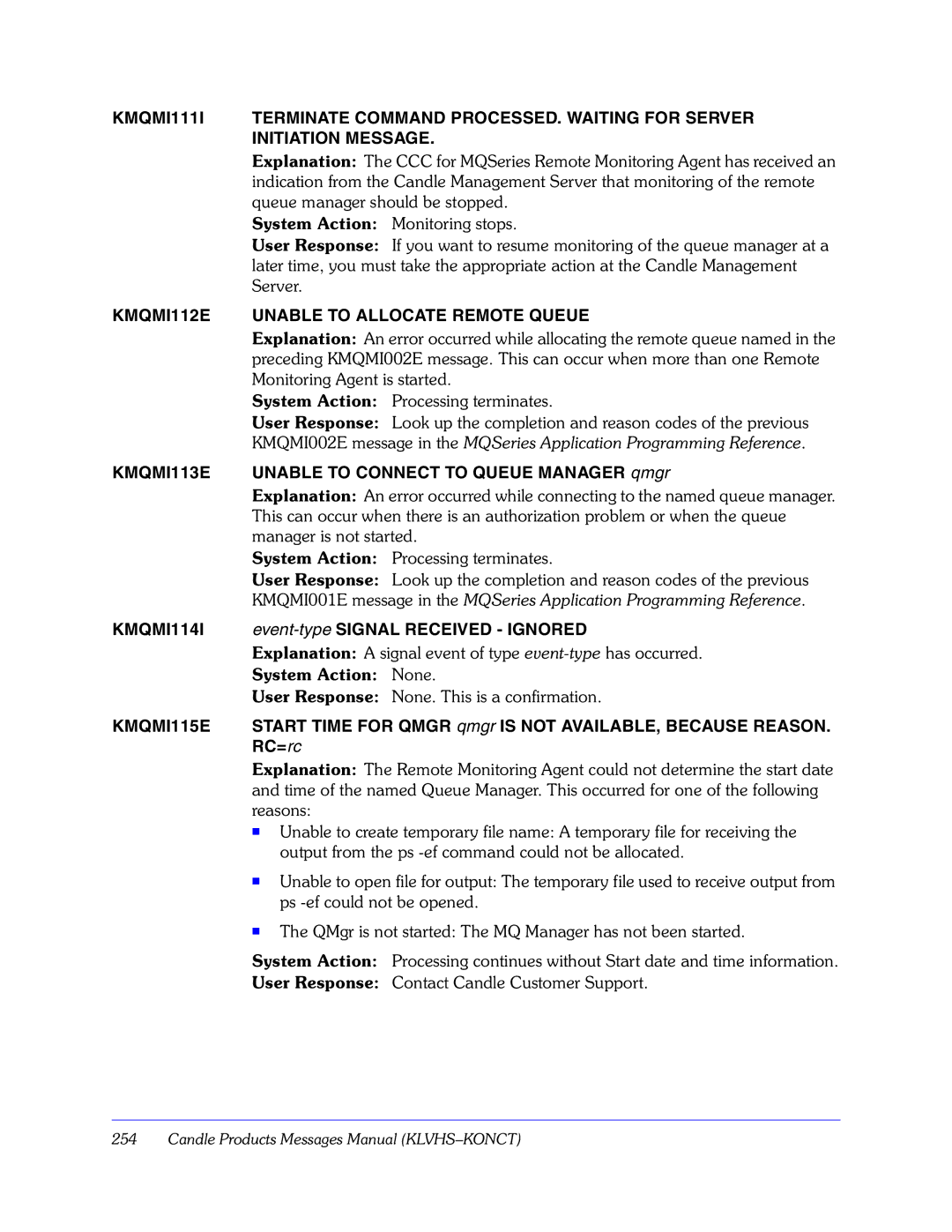Candle GC32-9172-00 manual KMQMI112E Unable to Allocate Remote Queue, KMQMI113E, KMQMI114I, KMQMI115E 