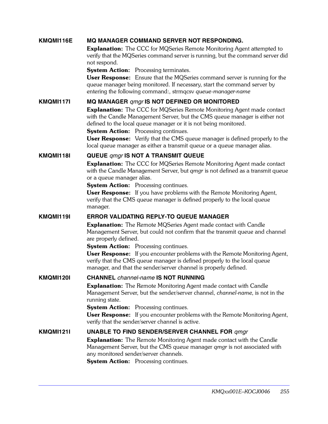 Candle GC32-9172-00 manual KMQMI116E MQ Manager Command Server not Responding, KMQMI117I, KMQMI118I, KMQMI120I, KMQMI121I 