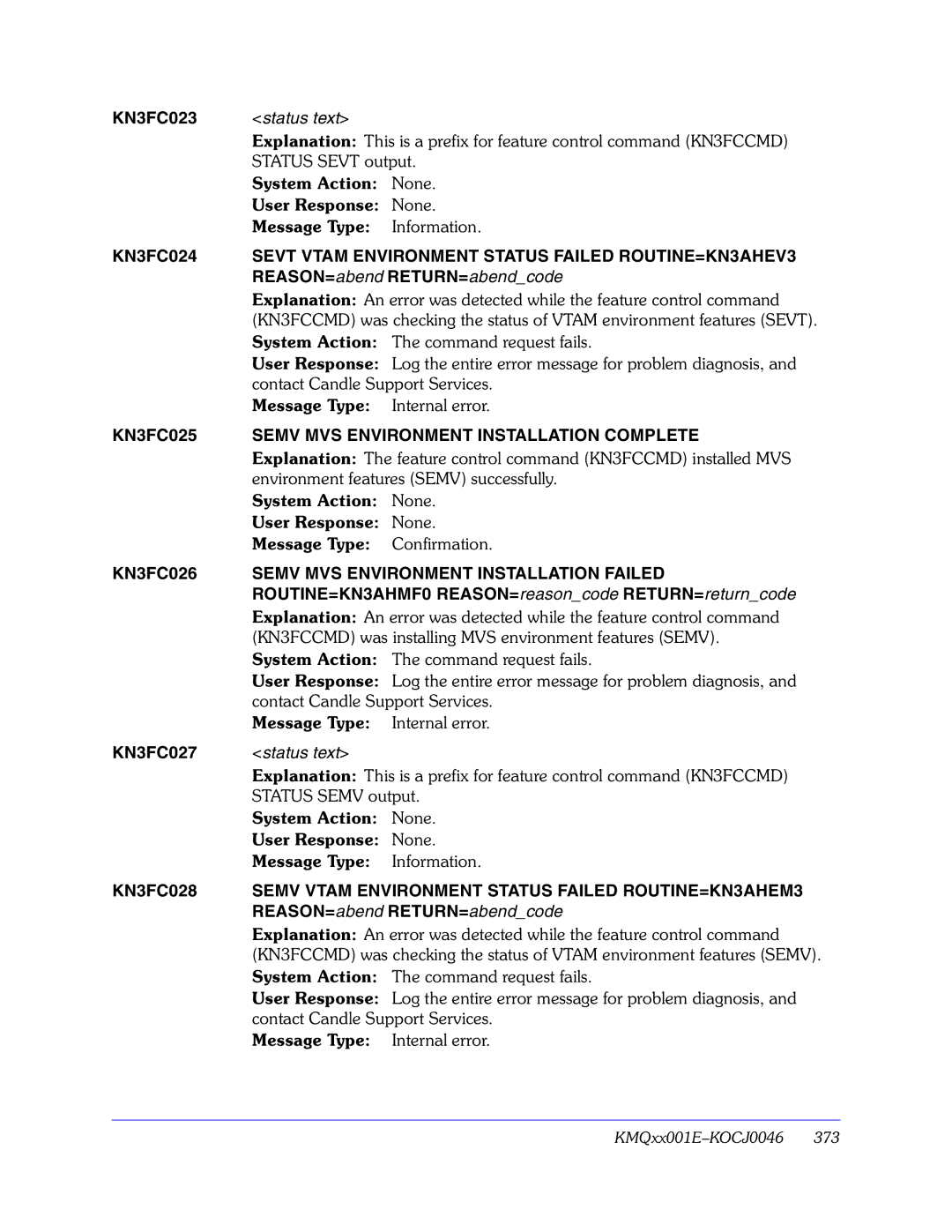 Candle GC32-9172-00 manual Sevt Vtam Environment Status Failed ROUTINE=KN3AHEV3, Semv MVS Environment Installation Complete 