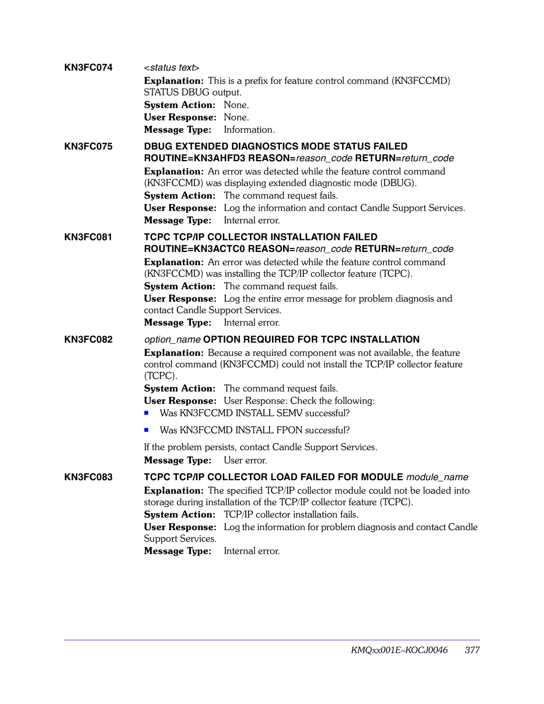 Candle GC32-9172-00 manual Dbug Extended Diagnostics Mode Status Failed, Tcpc TCP/IP Collector Installation Failed 
