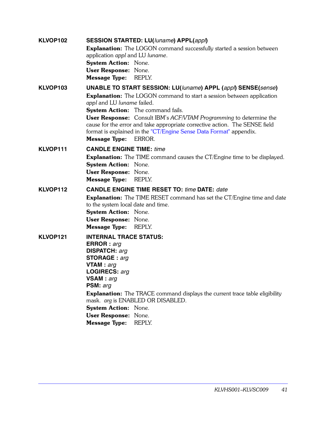 Candle GC32-9172-00 manual KLVOP102, KLVOP103, KLVOP111, KLVOP112, KLVOP121 Internal Trace Status 