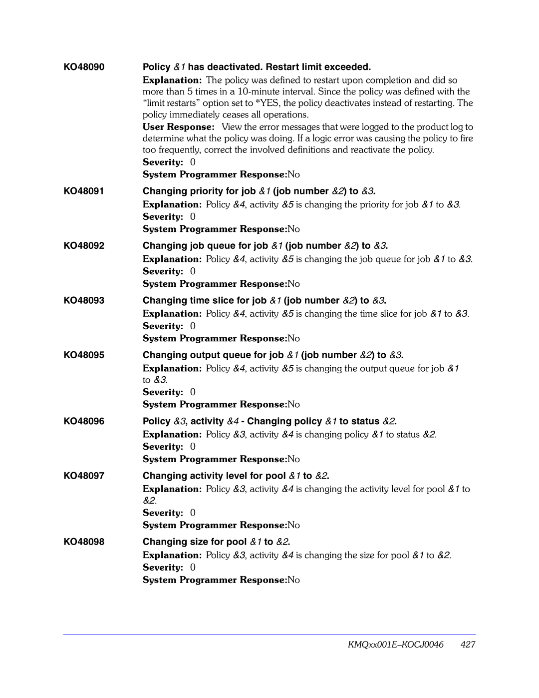 Candle GC32-9172-00 KO48090 Policy &1 has deactivated. Restart limit exceeded, KO48098 Changing size for pool &1 to &2 