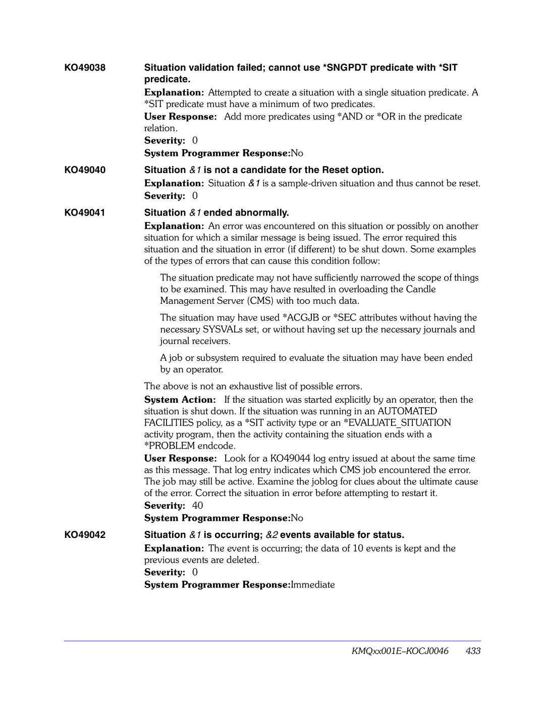 Candle GC32-9172-00 manual Severity System Programmer ResponseImmediate 