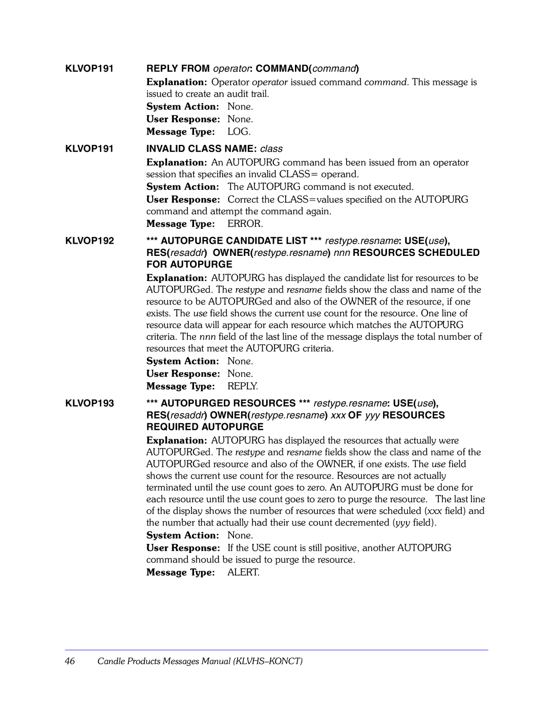 Candle GC32-9172-00 manual KLVOP191, KLVOP192, For Autopurge, KLVOP193, Required Autopurge 