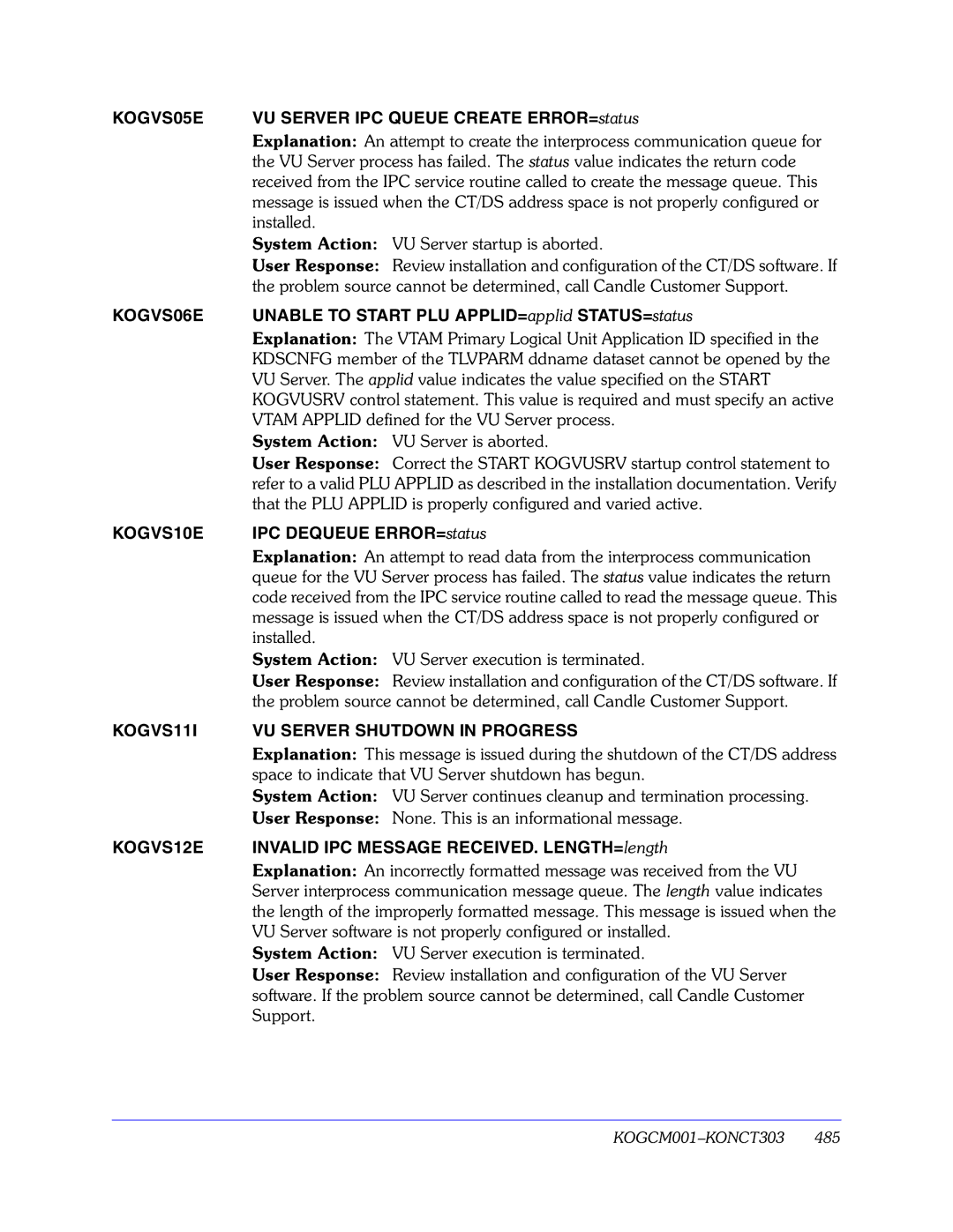 Candle GC32-9172-00 manual KOGVS05E, KOGVS06E, KOGVS10E, KOGVS11I VU Server Shutdown in Progress, KOGVS12E 