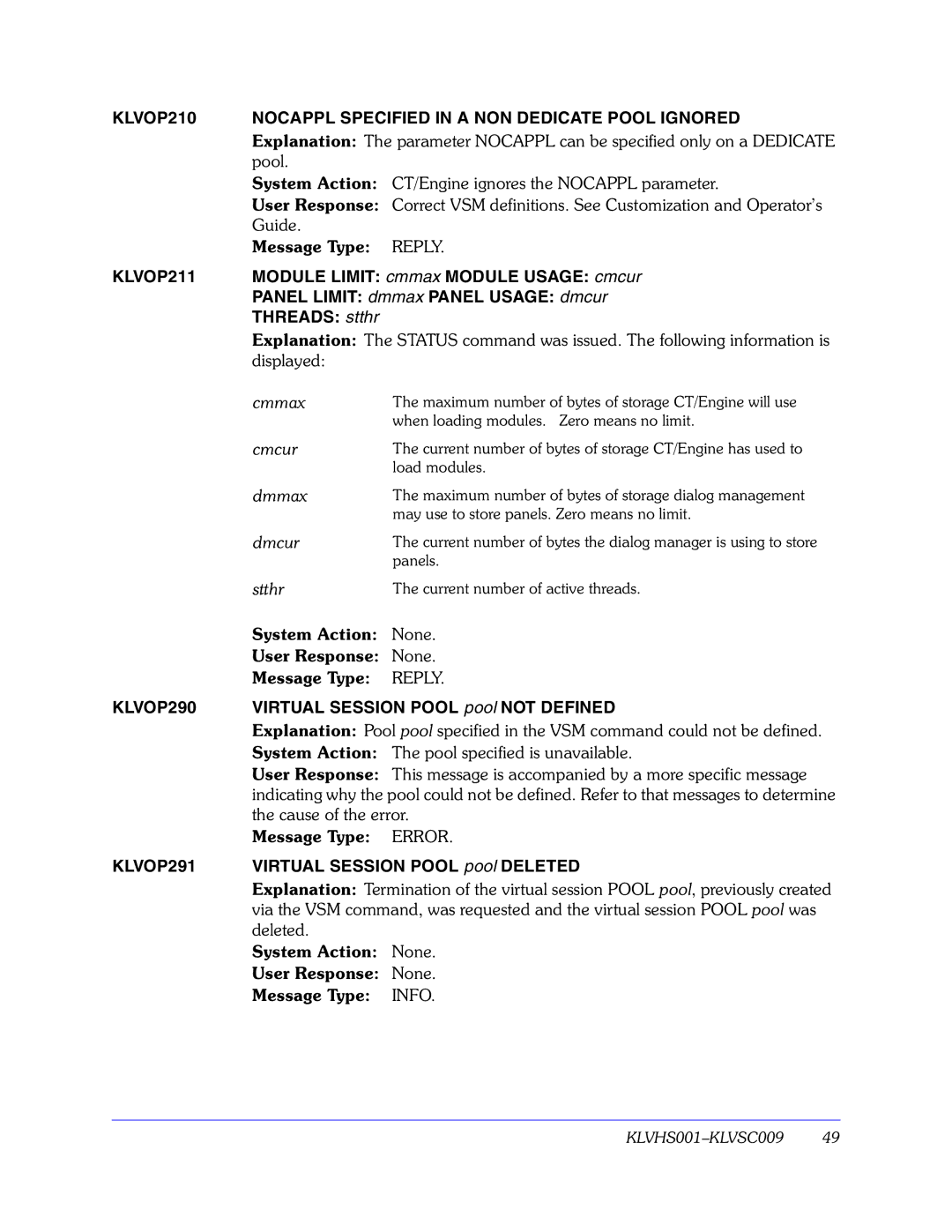 Candle GC32-9172-00 manual KLVOP210 Nocappl Specified in a NON Dedicate Pool Ignored, KLVOP211, KLVOP290, KLVOP291 