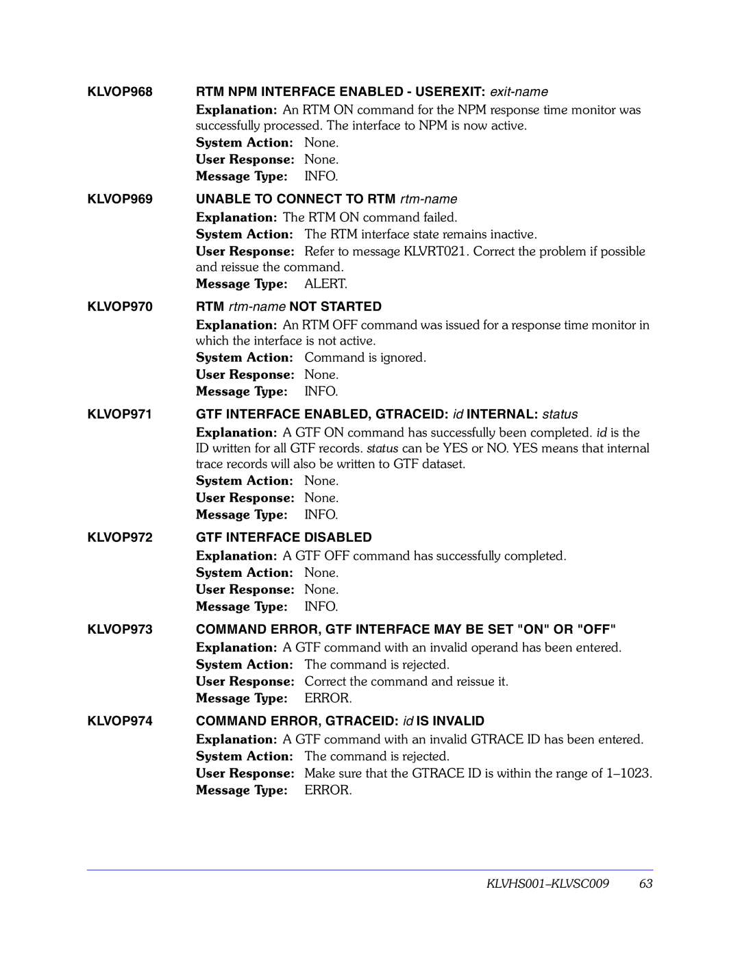 Candle GC32-9172-00 manual KLVOP968, KLVOP969, KLVOP970, KLVOP971, KLVOP972 GTF Interface Disabled, KLVOP974 