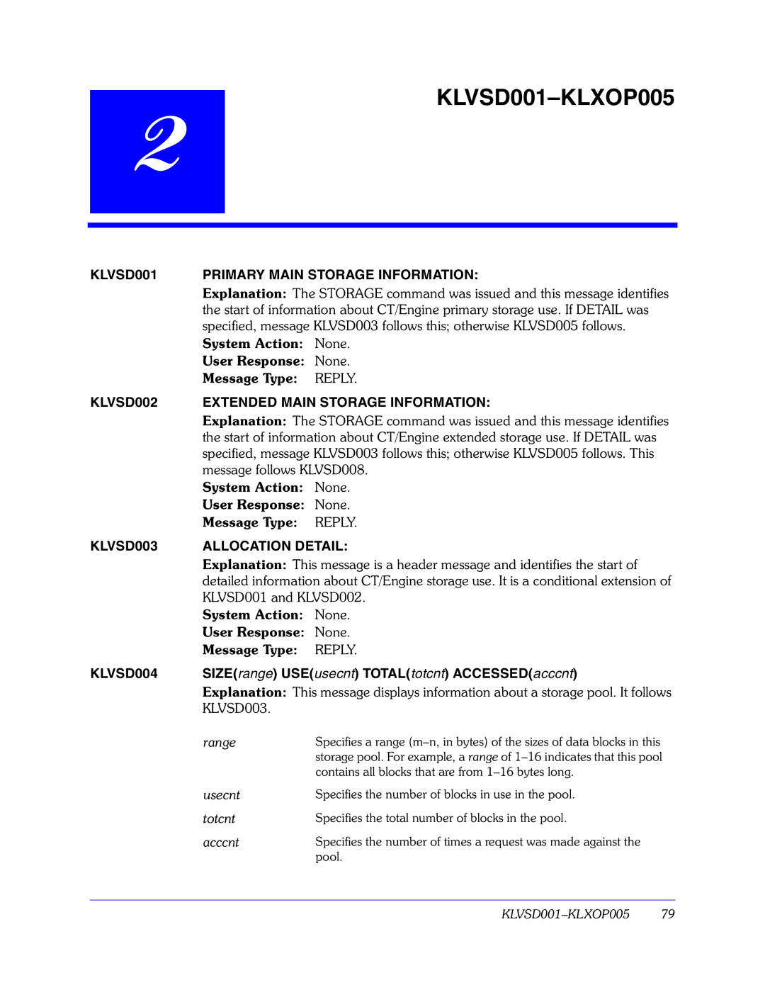 Candle GC32-9172-00 manual KLVSD001 Primary Main Storage Information, KLVSD002 Extended Main Storage Information, KLVSD004 