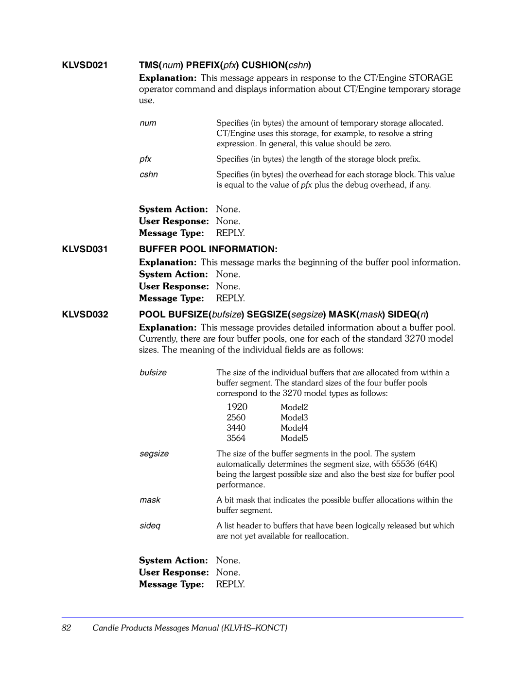 Candle GC32-9172-00 manual KLVSD021, TMSnum PREFIXpfx CUSHIONcshn, KLVSD031 Buffer Pool Information, KLVSD032 