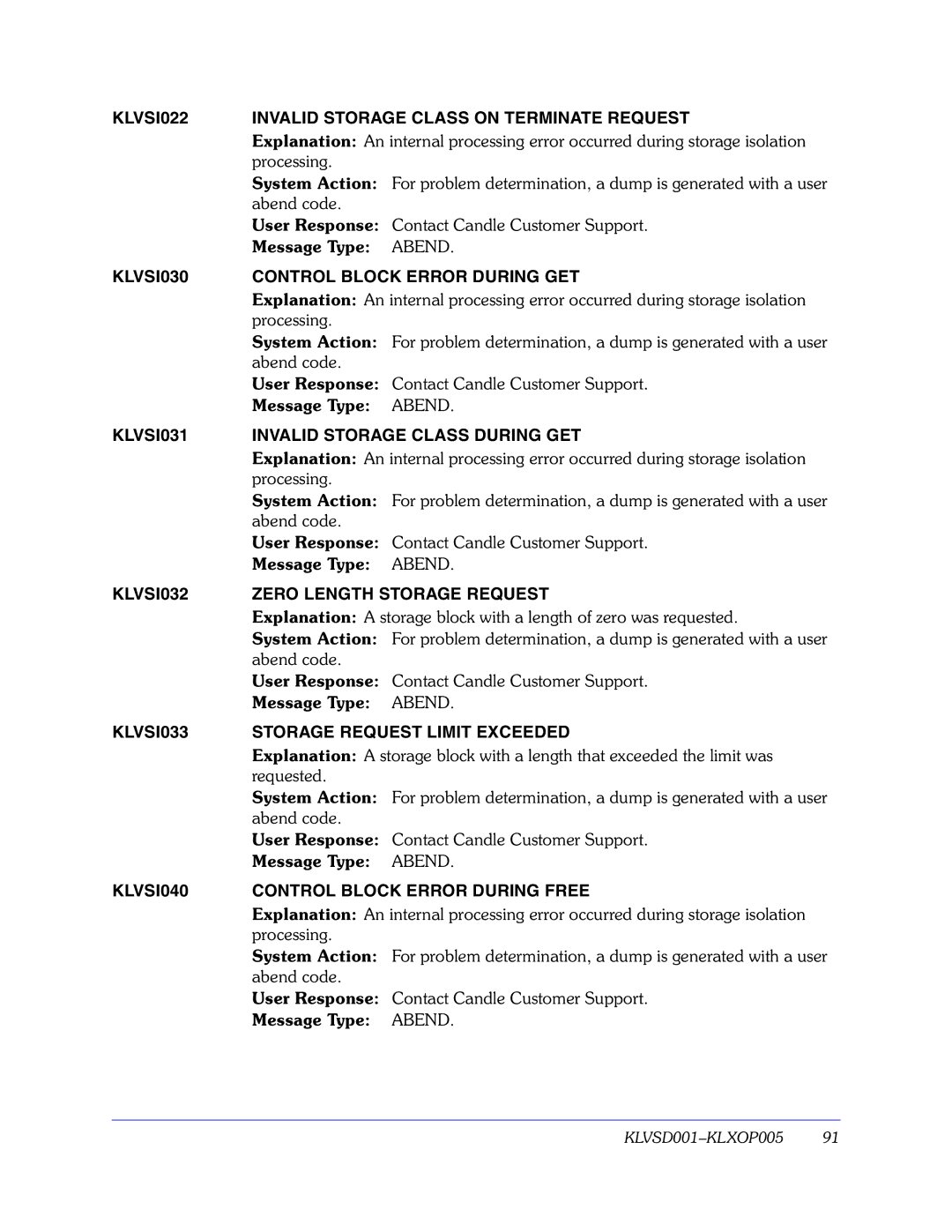 Candle GC32-9172-00 manual KLVSI022 Invalid Storage Class on Terminate Request, KLVSI030 Control Block Error During GET 