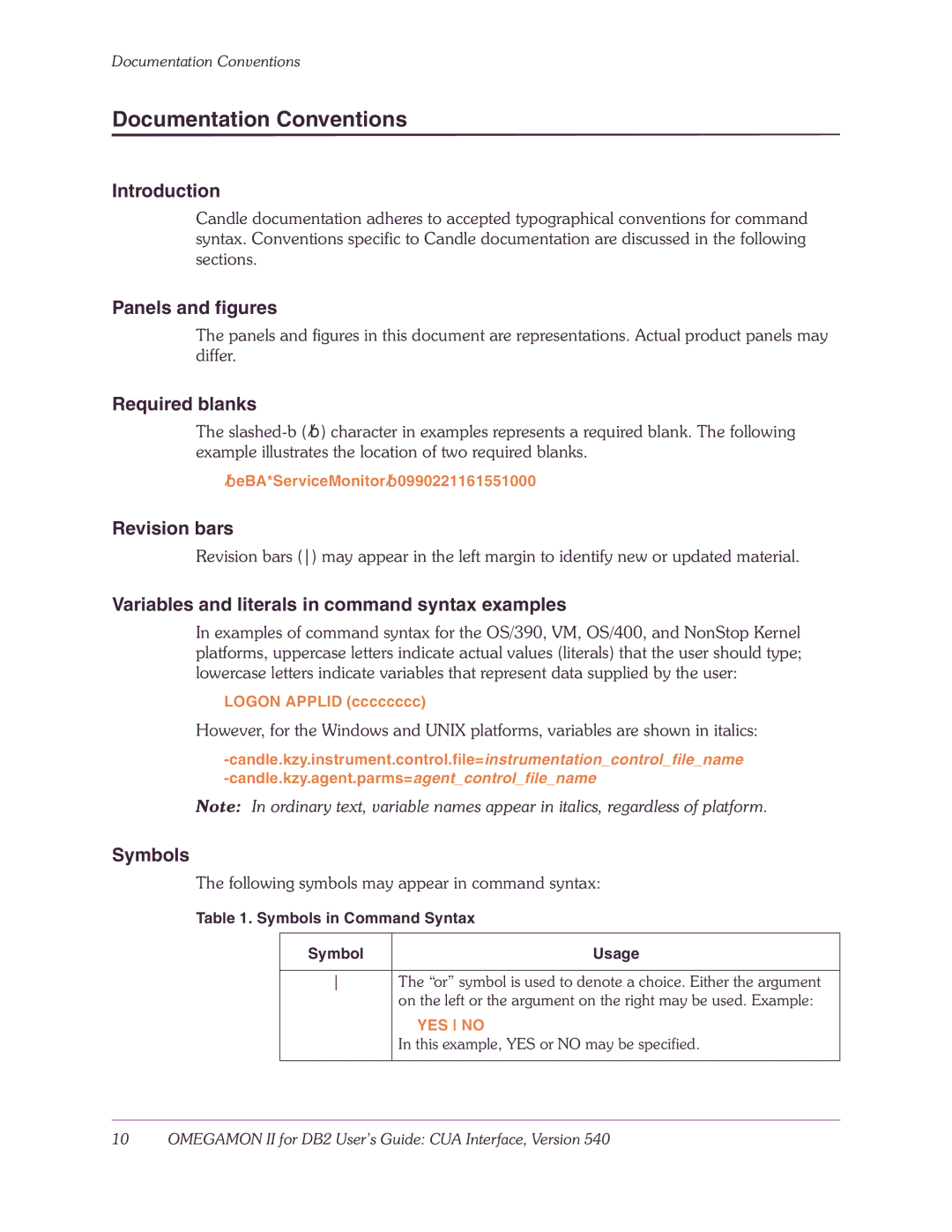 Candle-lite DB2 manual Documentation Conventions 