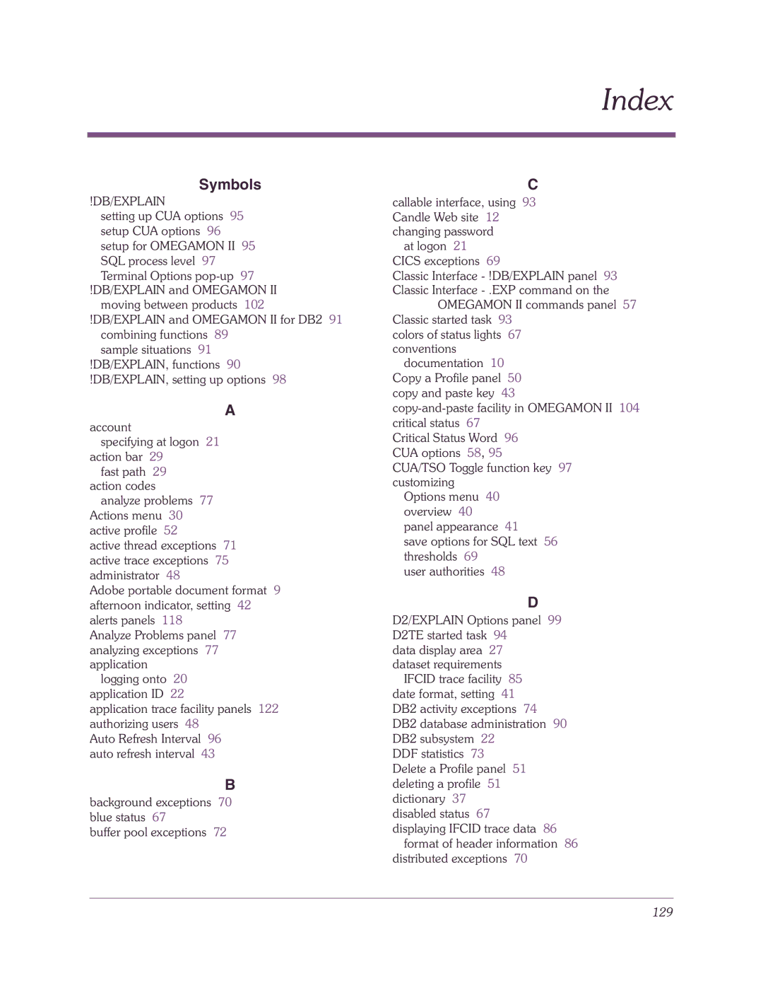 Candle-lite DB2 manual Index 