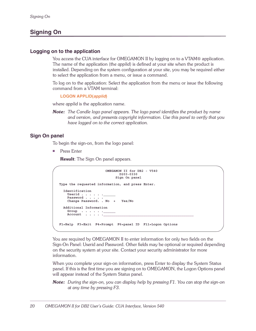 Candle-lite DB2 manual Signing On, Logging on to the application, Sign On panel, Where applid is the application name 