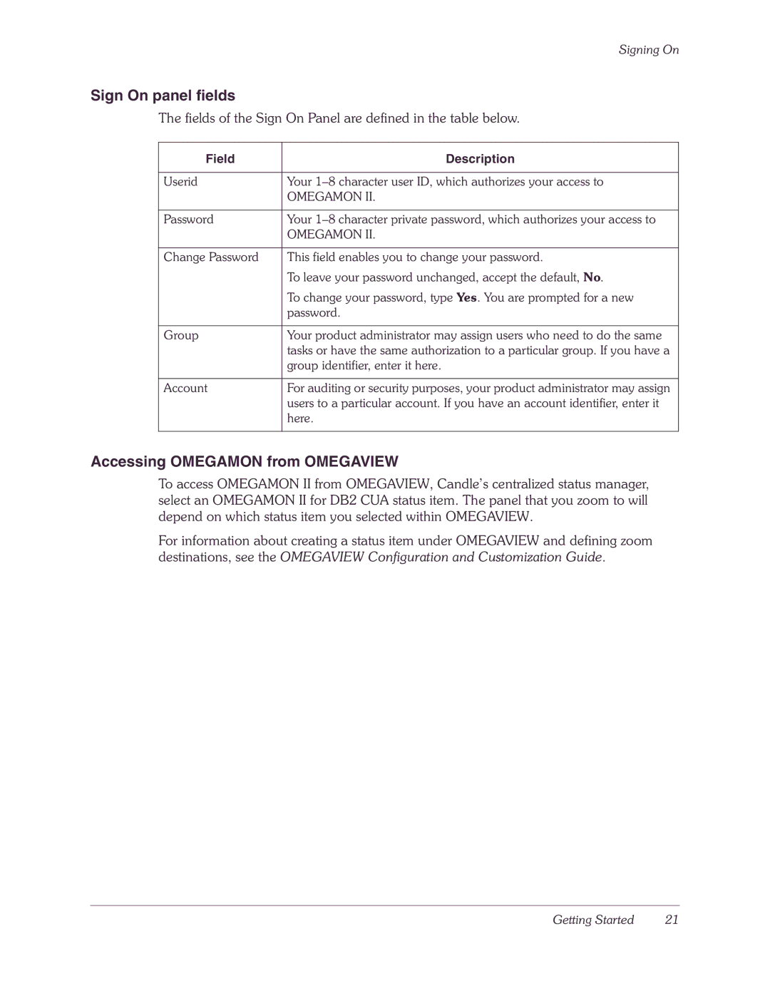 Candle-lite DB2 manual Sign On panel fields, Accessing Omegamon from Omegaview, Field Description 