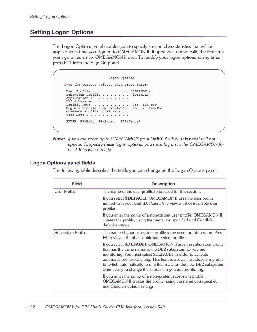 Candle-lite DB2 manual Setting Logon Options, Logon Options panel fields 