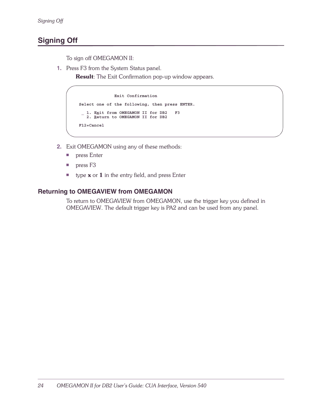 Candle-lite DB2 manual Signing Off, Returning to Omegaview from Omegamon 