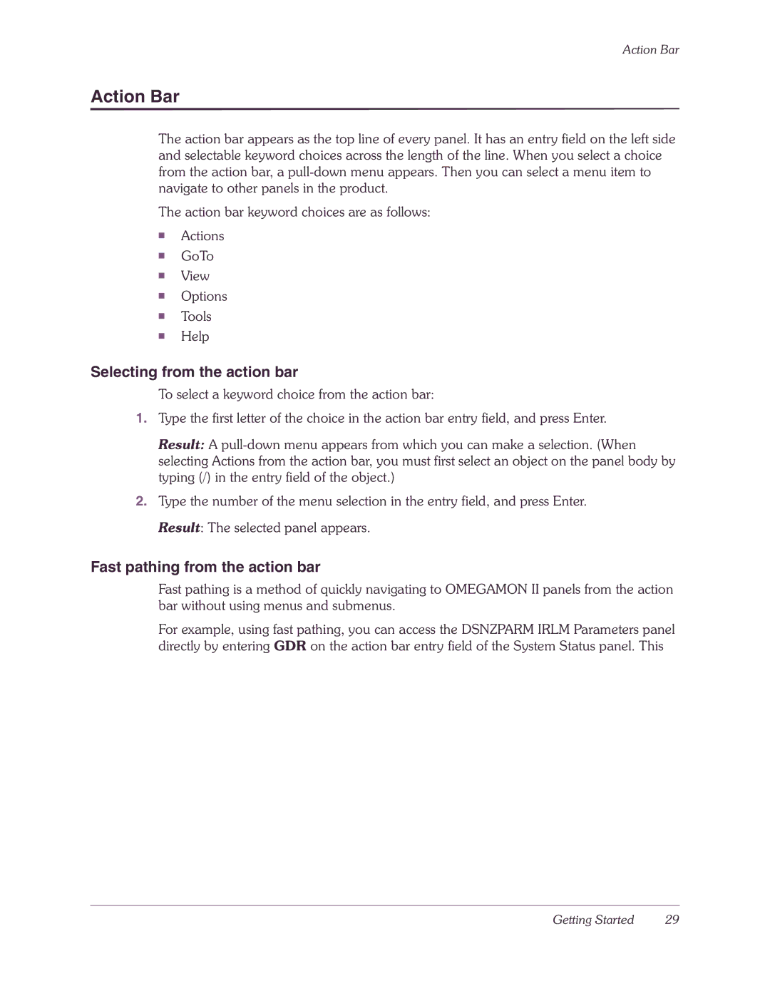 Candle-lite DB2 manual Action Bar, Selecting from the action bar, Fast pathing from the action bar 