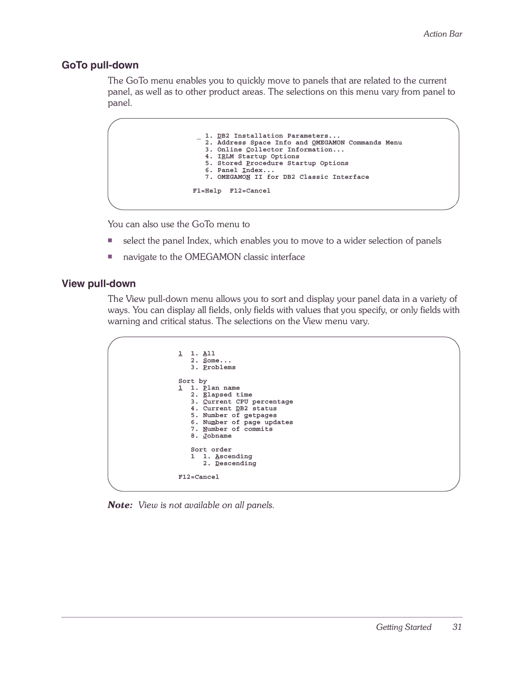 Candle-lite DB2 manual GoTo pull-down, View pull-down 