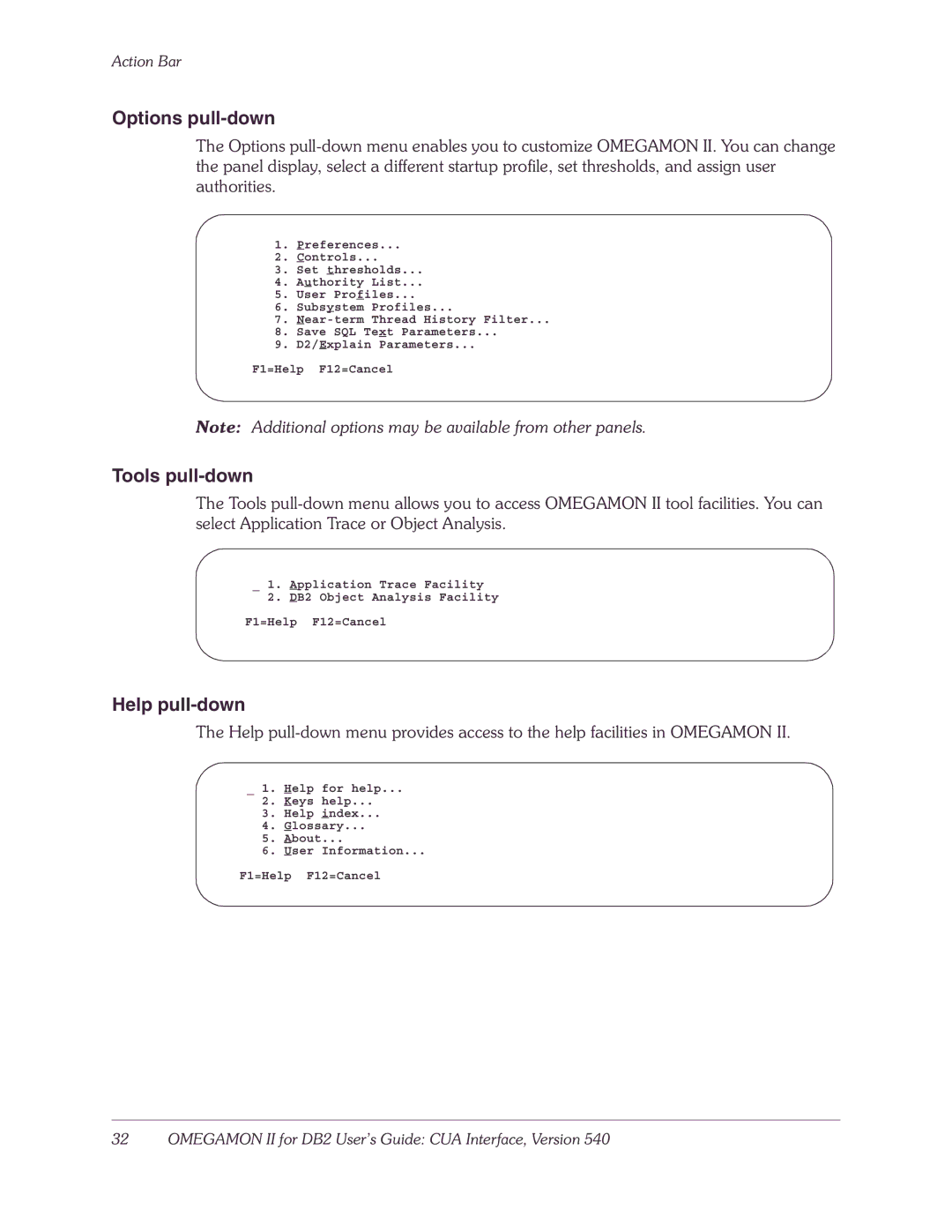 Candle-lite DB2 manual Options pull-down, Tools pull-down, Help pull-down 