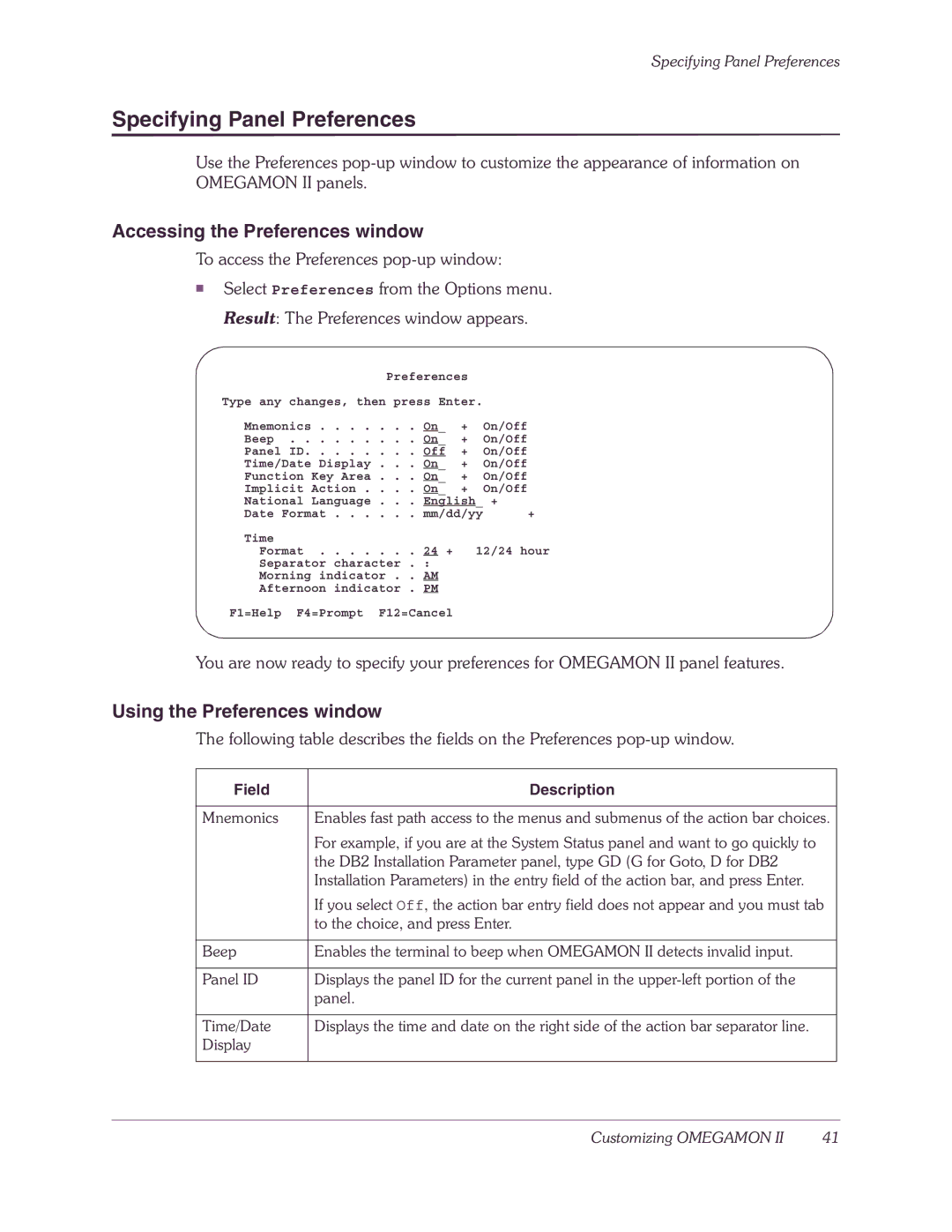 Candle-lite DB2 manual Specifying Panel Preferences, Accessing the Preferences window, Using the Preferences window 