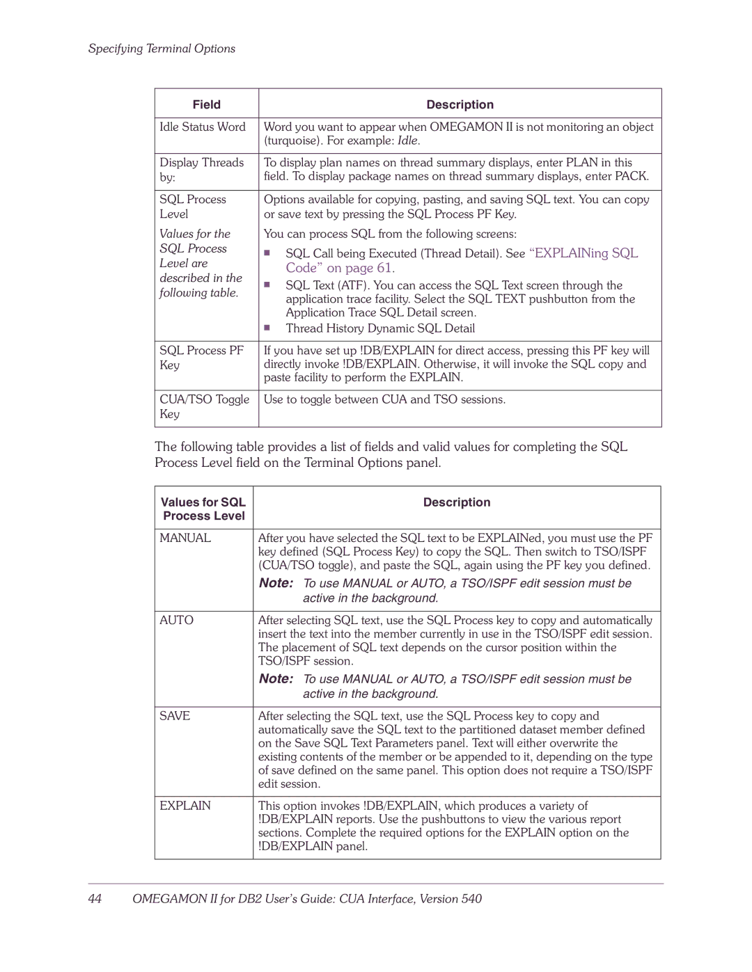 Candle-lite DB2 manual Values for SQL Description Process Level, Manual, Auto, Save, Explain 