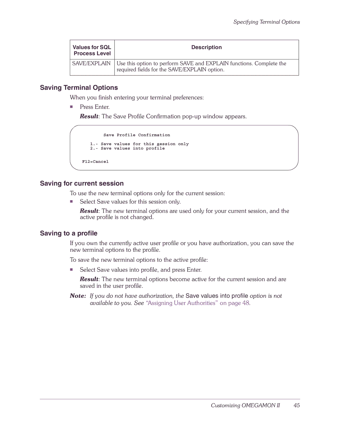 Candle-lite DB2 manual Saving Terminal Options, Saving for current session, Saving to a profile 