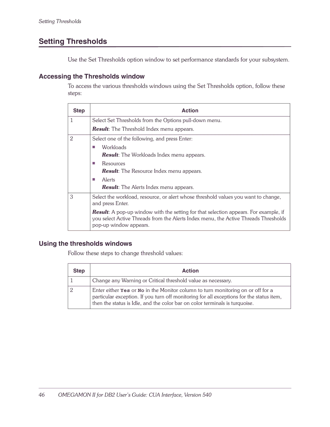 Candle-lite DB2 manual Setting Thresholds, Accessing the Thresholds window, Using the thresholds windows, Step Action 