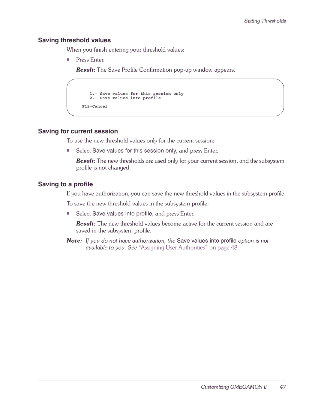 Candle-lite DB2 manual Saving threshold values 