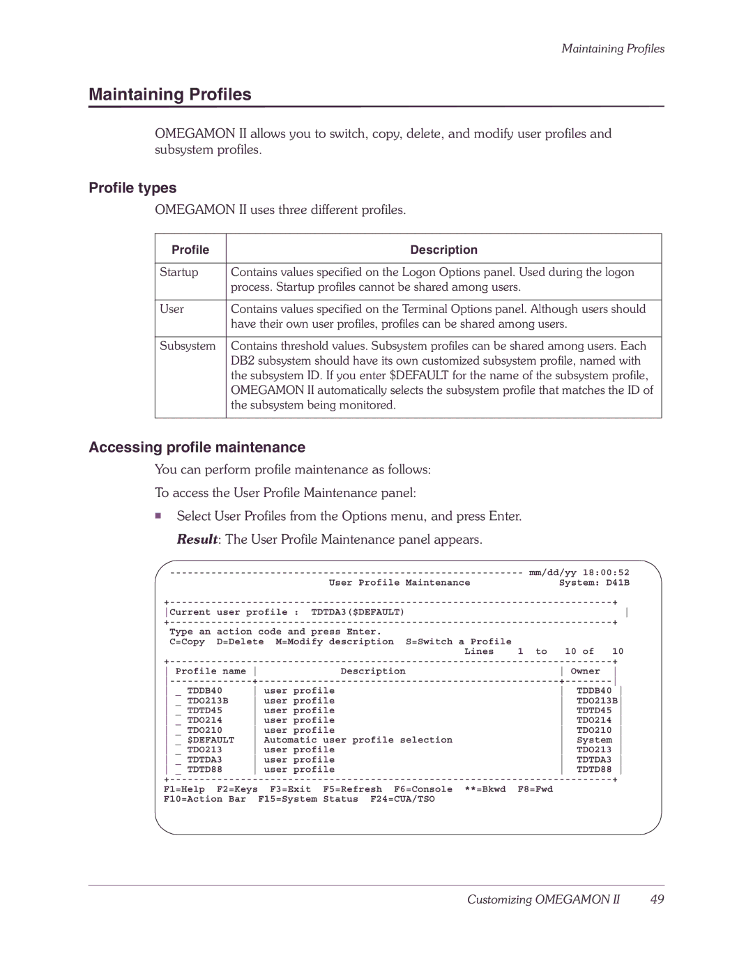 Candle-lite DB2 manual Maintaining Profiles, Profile types, Accessing profile maintenance, Profile Description 