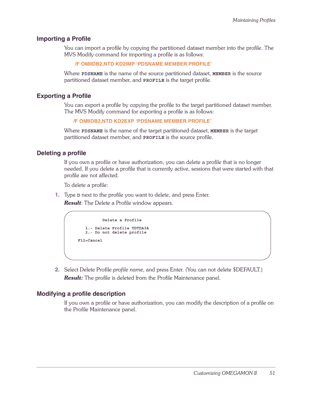 Candle-lite DB2 manual Importing a Profile, Exporting a Profile, Deleting a profile, Modifying a profile description 