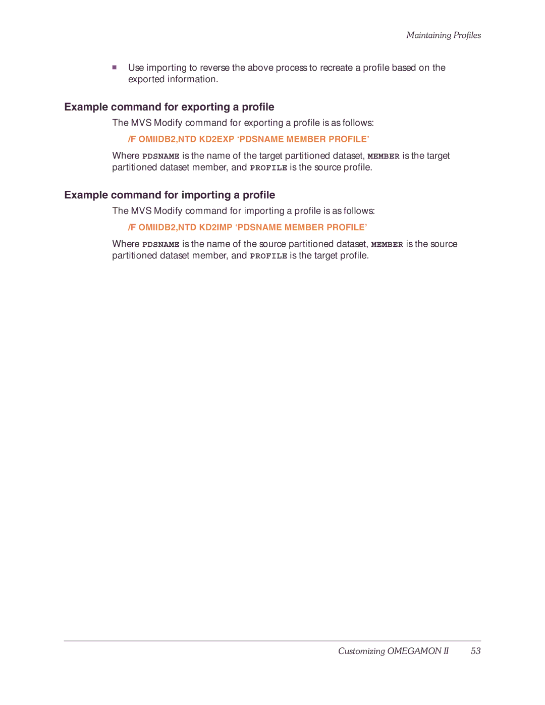 Candle-lite DB2 manual Example command for exporting a profile, Example command for importing a profile 