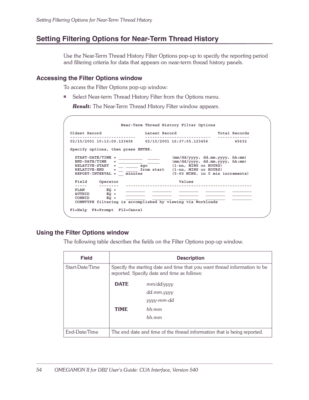 Candle-lite DB2 manual Setting Filtering Options for Near-Term Thread History, Accessing the Filter Options window 