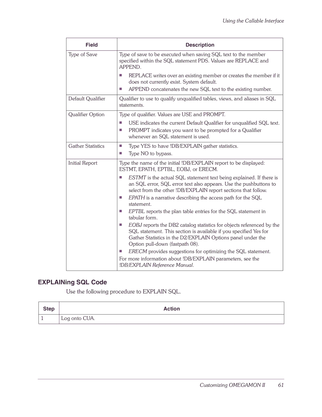 Candle-lite DB2 manual EXPLAINing SQL Code, Use the following procedure to Explain SQL, Append 