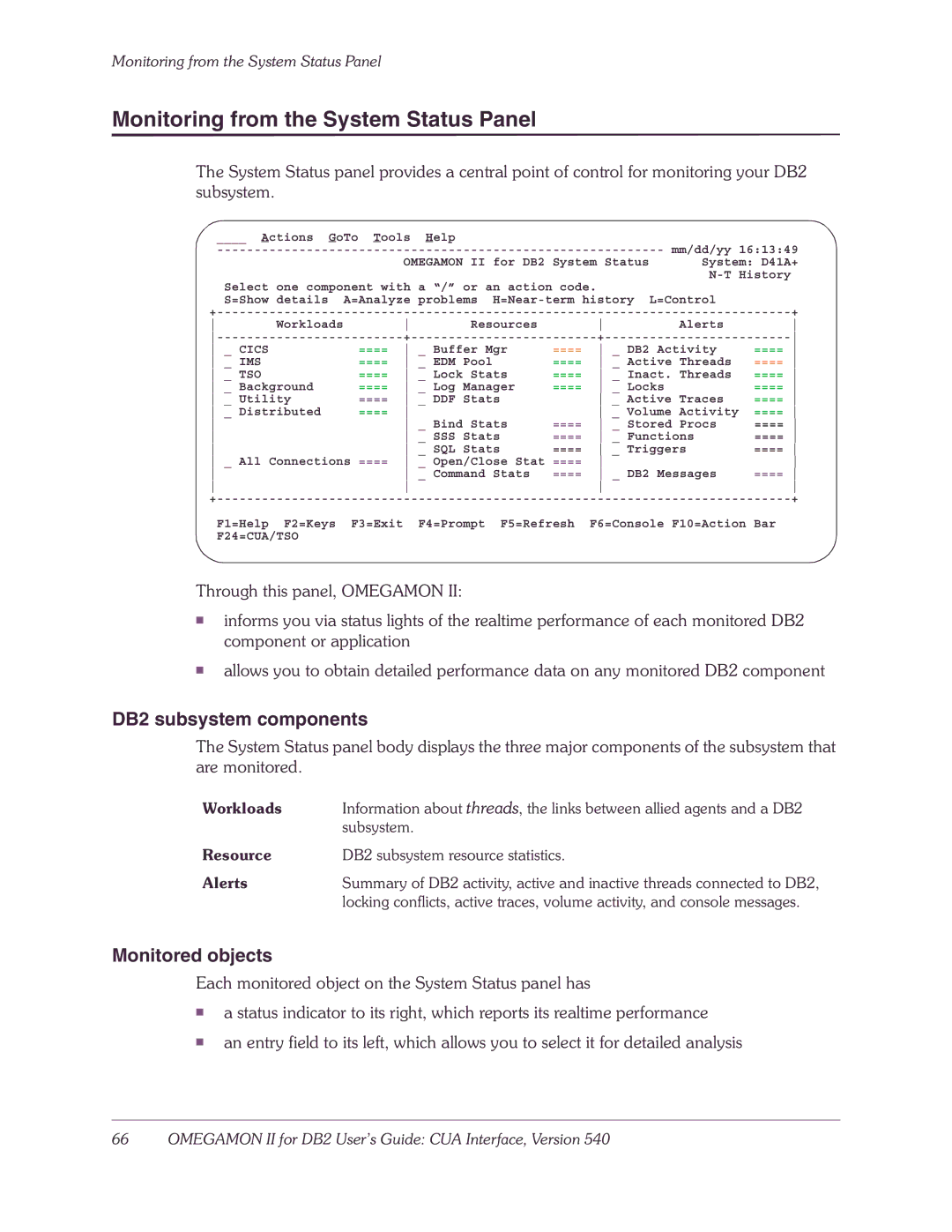 Candle-lite manual Monitoring from the System Status Panel, DB2 subsystem components, Monitored objects 