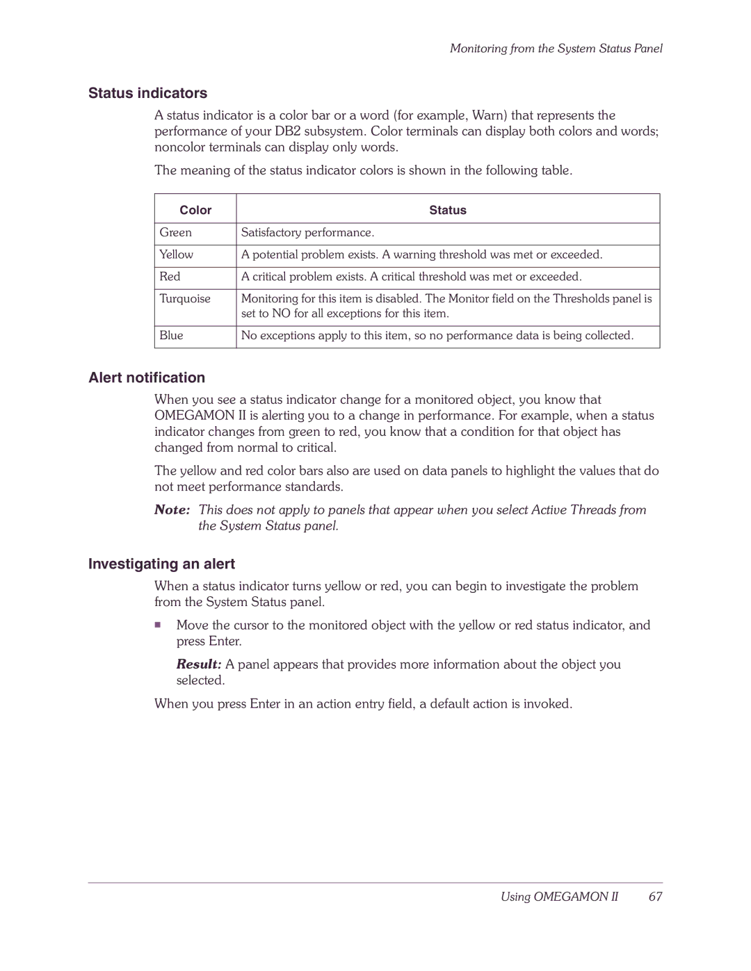 Candle-lite DB2 manual Status indicators, Alert notification, Investigating an alert, Color Status 