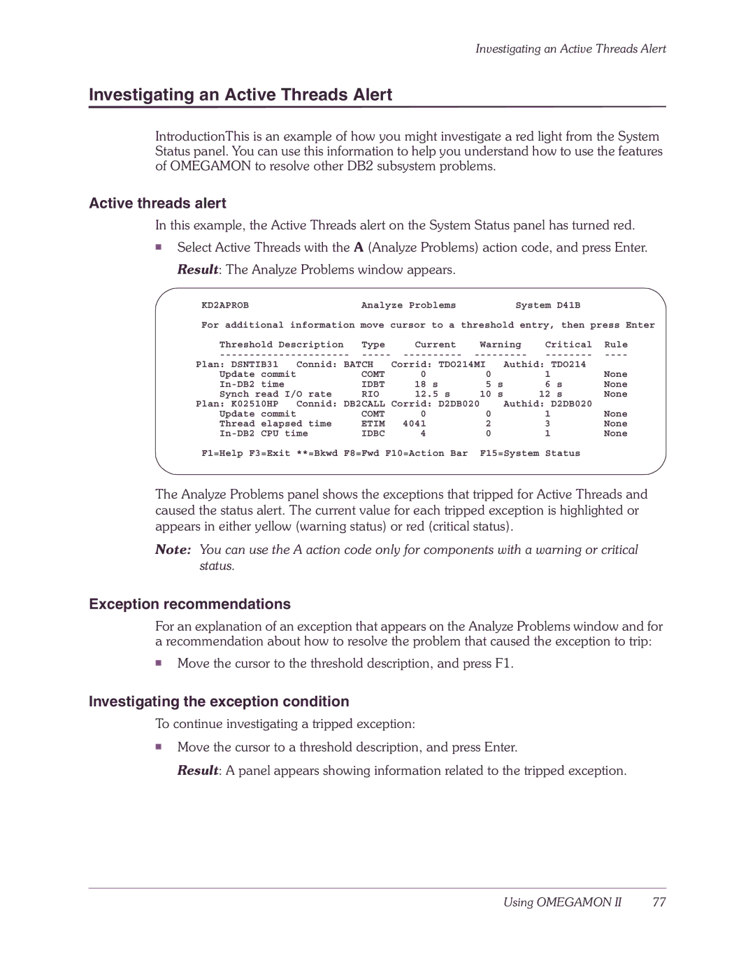 Candle-lite DB2 manual Investigating an Active Threads Alert, Active threads alert, Exception recommendations 