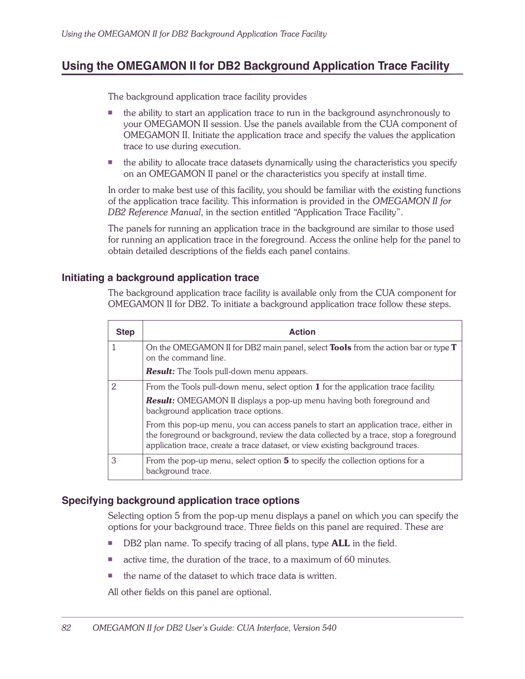 Candle-lite DB2 manual Initiating a background application trace, Specifying background application trace options 