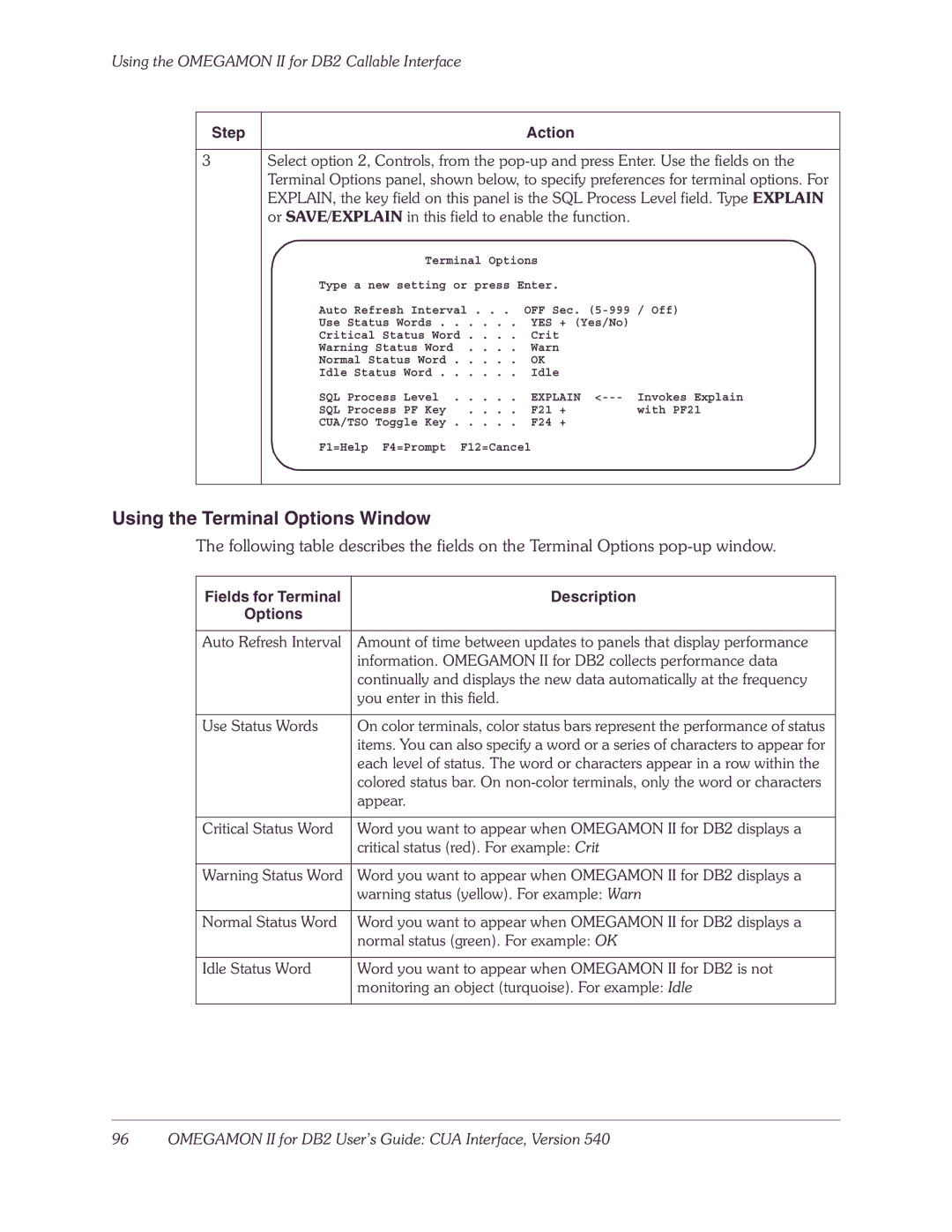 Candle-lite DB2 manual Using the Terminal Options Window, Fields for Terminal Description Options 