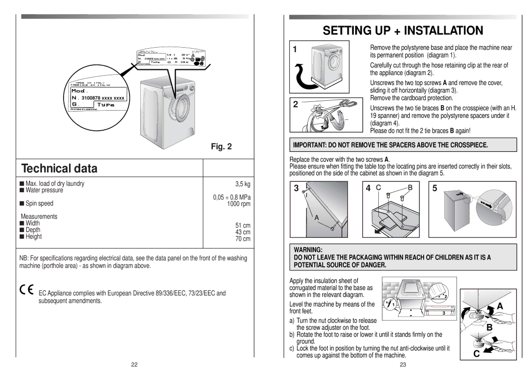 Candy AQUA 1000 T manual Technical data, Setting UP + Installation 