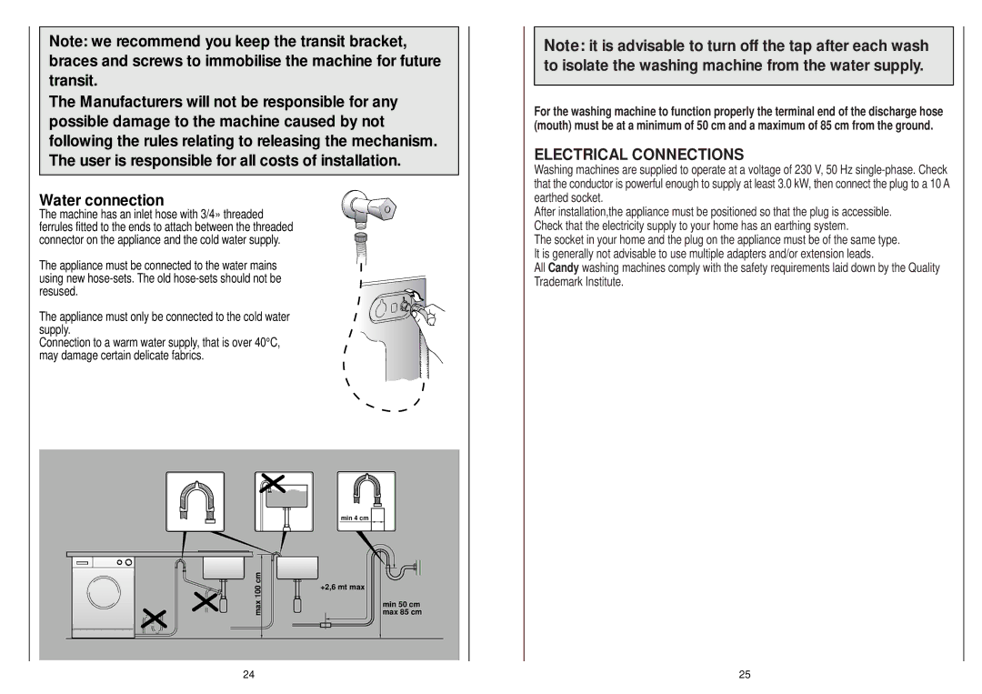 Candy AQUA 1000 T manual Electrical Connections 