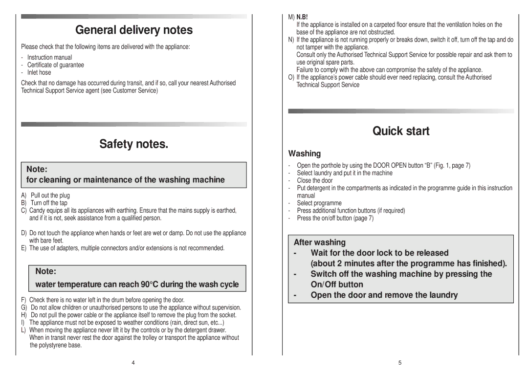 Candy AQUA 1000 T manual General delivery notes, Safety notes, Quick start 