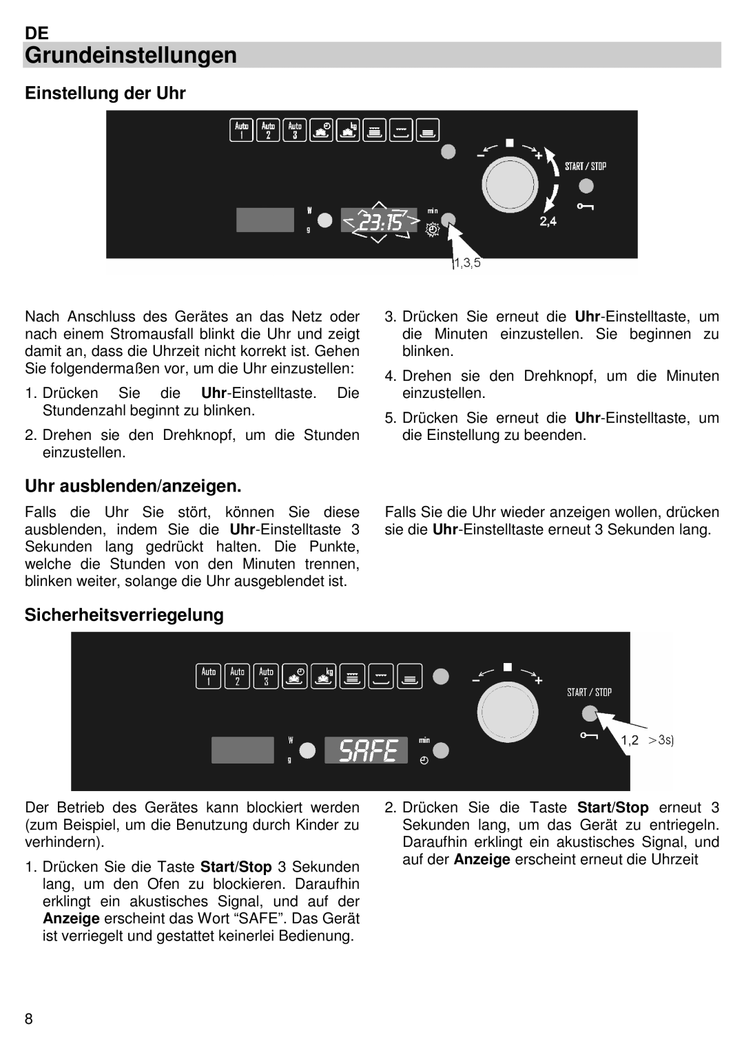 Candy MIC 305 X user manual Grundeinstellungen, Einstellung der Uhr, Uhr ausblenden/anzeigen, Sicherheitsverriegelung 