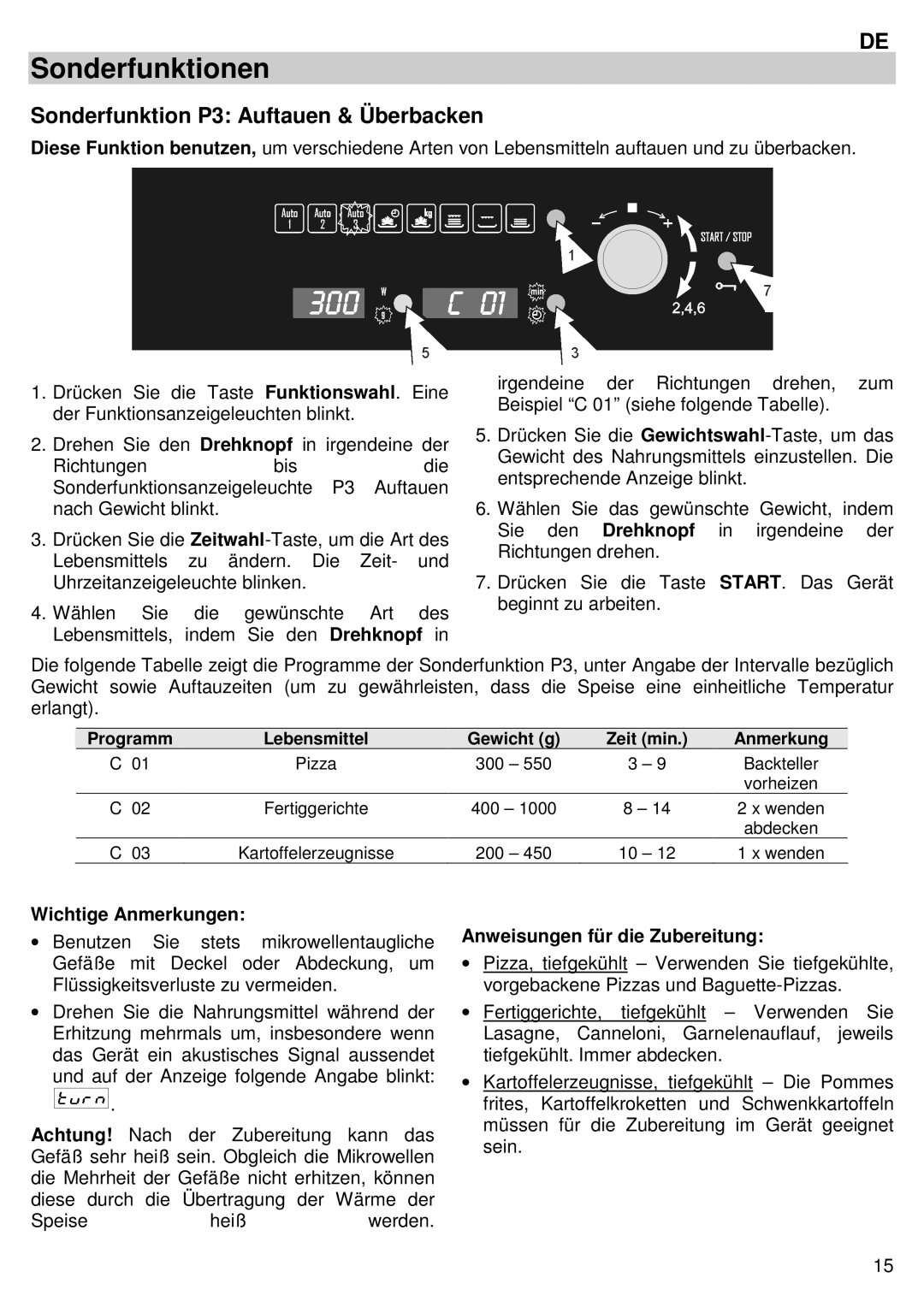 Candy MIC 305 X user manual Sonderfunktion P3 Auftauen & Überbacken 